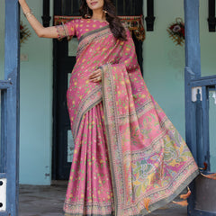 Rani Pink Handloom Cotton Saree with Yellow Floral Print & Royal Horse Pallu
