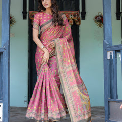 Rani Pink Handloom Cotton Saree with Yellow Floral Print & Royal Horse Pallu