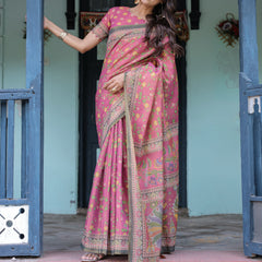 Rani Pink Handloom Cotton Saree with Yellow Floral Print & Royal Horse Pallu