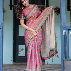 Rani Pink Handloom Cotton Saree with Yellow Floral Print & Royal Horse Pallu