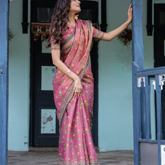 Rani Pink Handloom Cotton Saree with Yellow Floral Print & Royal Horse Pallu