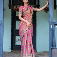 Rani Pink Handloom Cotton Saree with Yellow Floral Print & Royal Horse Pallu