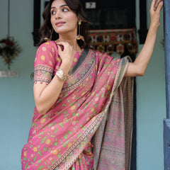 Rani Pink Handloom Cotton Saree with Yellow Floral Print & Royal Horse Pallu