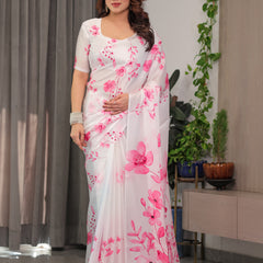 White Satin Georgette Pink Floral Printed Saree with Attached Blouse – Soft Flow Designer Saree for Elegant & Festive Wear