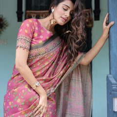 Rani Pink Handloom Cotton Saree with Yellow Floral Print & Royal Horse Pallu