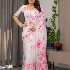 White Satin Georgette Pink Floral Printed Saree with Attached Blouse – Soft Flow Designer Saree for Elegant & Festive Wear