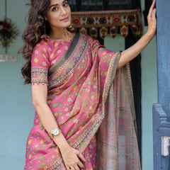 Rani Pink Handloom Cotton Saree with Yellow Floral Print & Royal Horse Pallu
