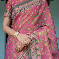 Rani Pink Handloom Cotton Saree with Yellow Floral Print & Royal Horse Pallu