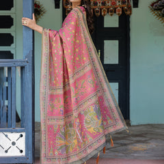 Rani Pink Handloom Cotton Saree with Yellow Floral Print & Royal Horse Pallu