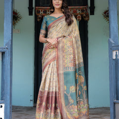 Beige Teal Handloom Cotton Saree with Diamond Buti Print & Enchanted Deer Forest Pallu