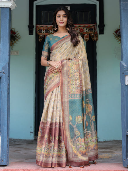 Beige Teal Handloom Cotton Saree with Diamond Buti Print & Enchanted Deer Forest Pallu