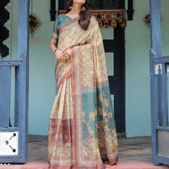 Beige Teal Handloom Cotton Saree with Diamond Buti Print & Enchanted Deer Forest Pallu