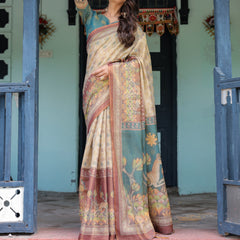 Beige Teal Handloom Cotton Saree with Diamond Buti Print & Enchanted Deer Forest Pallu