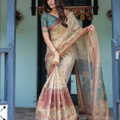 Beige Teal Handloom Cotton Saree with Diamond Buti Print & Enchanted Deer Forest Pallu