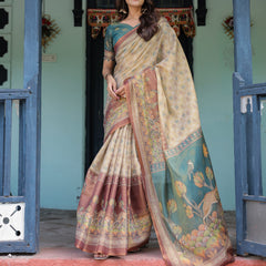 Beige Teal Handloom Cotton Saree with Diamond Buti Print & Enchanted Deer Forest Pallu