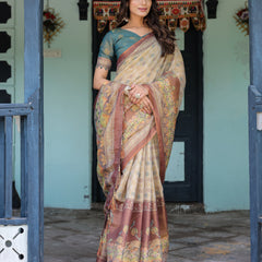 Beige Teal Handloom Cotton Saree with Diamond Buti Print & Enchanted Deer Forest Pallu