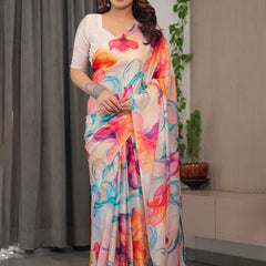 Ivory Satin Georgette Multicolor Abstract Floral Printed Saree with Attached Blouse – Flowing Designer Saree for Festive & Party Wear
