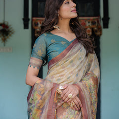 Beige Teal Handloom Cotton Saree with Diamond Buti Print & Enchanted Deer Forest Pallu