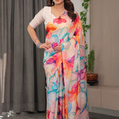 Ivory Satin Georgette Multicolor Abstract Floral Printed Saree with Attached Blouse – Flowing Designer Saree for Festive & Party Wear