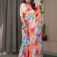 Ivory Satin Georgette Multicolor Abstract Floral Printed Saree with Attached Blouse – Flowing Designer Saree for Festive & Party Wear