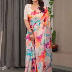 Ivory Satin Georgette Multicolor Abstract Floral Printed Saree with Attached Blouse – Flowing Designer Saree for Festive & Party Wear