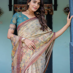 Beige Teal Handloom Cotton Saree with Diamond Buti Print & Enchanted Deer Forest Pallu