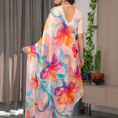 Ivory Satin Georgette Multicolor Abstract Floral Printed Saree with Attached Blouse – Flowing Designer Saree for Festive & Party Wear