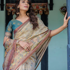Beige Teal Handloom Cotton Saree with Diamond Buti Print & Enchanted Deer Forest Pallu