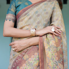 Beige Teal Handloom Cotton Saree with Diamond Buti Print & Enchanted Deer Forest Pallu