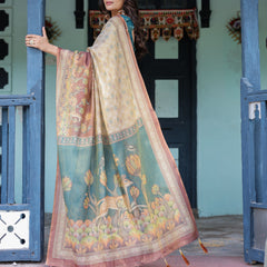 Beige Teal Handloom Cotton Saree with Diamond Buti Print & Enchanted Deer Forest Pallu