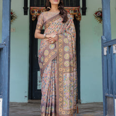 Mauve Beige Handloom Cotton Saree with Pastel Floral Print & Royal Tree-Elephant Pallu