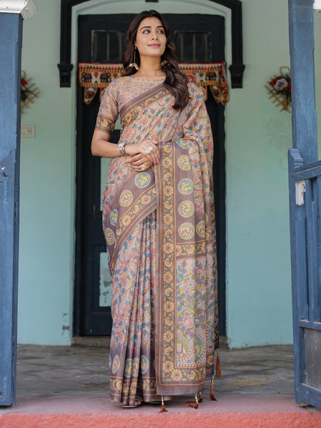 Mauve Beige Handloom Cotton Saree with Pastel Floral Print & Royal Tree-Elephant Pallu