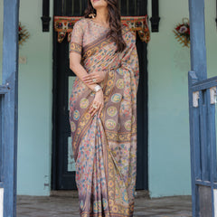 Mauve Beige Handloom Cotton Saree with Pastel Floral Print & Royal Tree-Elephant Pallu