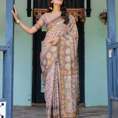 Mauve Beige Handloom Cotton Saree with Pastel Floral Print & Royal Tree-Elephant Pallu