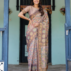 Mauve Beige Handloom Cotton Saree with Pastel Floral Print & Royal Tree-Elephant Pallu