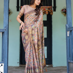 Mauve Beige Handloom Cotton Saree with Pastel Floral Print & Royal Tree-Elephant Pallu
