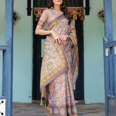 Mauve Beige Handloom Cotton Saree with Pastel Floral Print & Royal Tree-Elephant Pallu