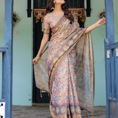 Mauve Beige Handloom Cotton Saree with Pastel Floral Print & Royal Tree-Elephant Pallu