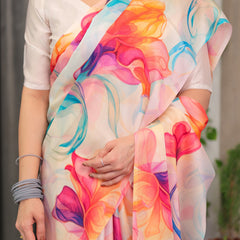 Ivory Satin Georgette Multicolor Abstract Floral Printed Saree with Attached Blouse – Flowing Designer Saree for Festive & Party Wear