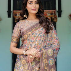 Mauve Beige Handloom Cotton Saree with Pastel Floral Print & Royal Tree-Elephant Pallu