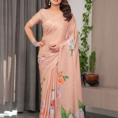 Peach Satin Georgette Floral Printed Saree with Attached Blouse – Soft Pastel Designer Saree for Festive & Elegant Wear
