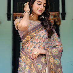 Mauve Beige Handloom Cotton Saree with Pastel Floral Print & Royal Tree-Elephant Pallu