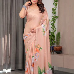 Peach Satin Georgette Floral Printed Saree with Attached Blouse – Soft Pastel Designer Saree for Festive & Elegant Wear