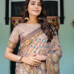 Mauve Beige Handloom Cotton Saree with Pastel Floral Print & Royal Tree-Elephant Pallu