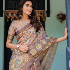 Mauve Beige Handloom Cotton Saree with Pastel Floral Print & Royal Tree-Elephant Pallu
