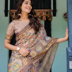 Mauve Beige Handloom Cotton Saree with Pastel Floral Print & Royal Tree-Elephant Pallu