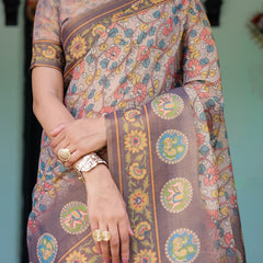 Mauve Beige Handloom Cotton Saree with Pastel Floral Print & Royal Tree-Elephant Pallu