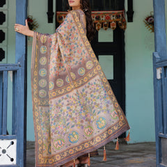 Mauve Beige Handloom Cotton Saree with Pastel Floral Print & Royal Tree-Elephant Pallu