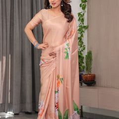 Peach Satin Georgette Floral Printed Saree with Attached Blouse – Soft Pastel Designer Saree for Festive & Elegant Wear