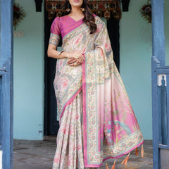 Lavender Beige Handloom Cotton Saree with Floral Vine Print & Majestic Peacock Pallu